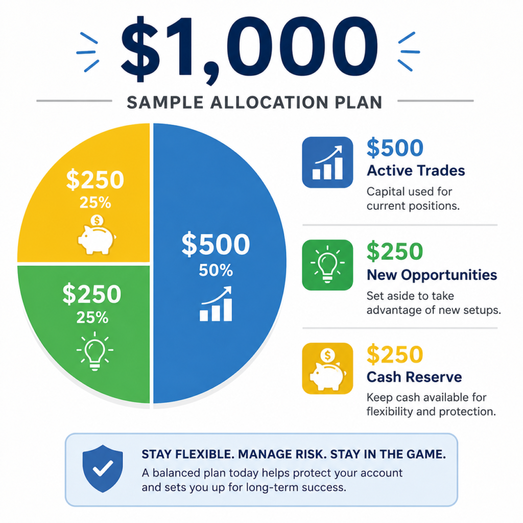 Example allocation for an options trading account with $1000 including cash reserves and active positions