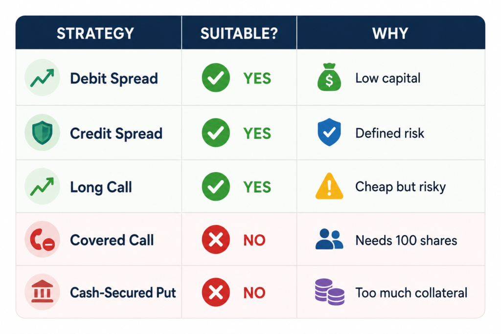 Comparison of the best option trading strategies for a $1000 account including debit spreads and credit spreads
