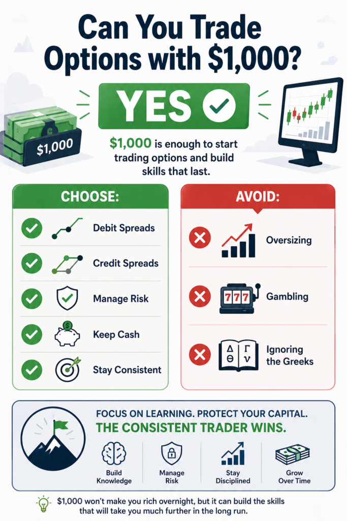 Options trading with $1000 summary including the best strategies and risk management tips