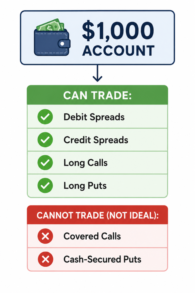 Options trading with $1000 showing which option strategies are suitable for a small account